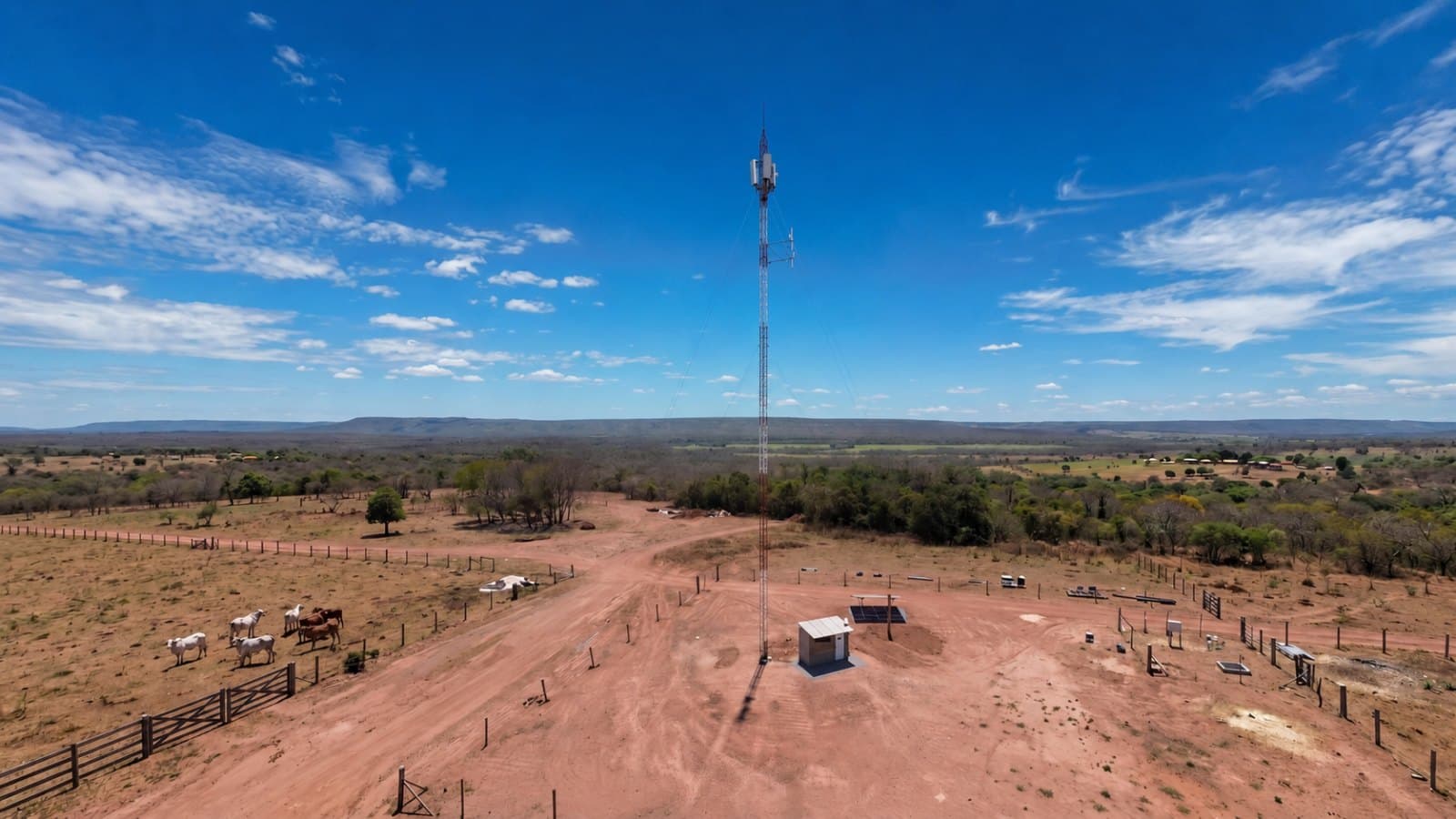 Telecommunications tower in a rural setting, illustrative image